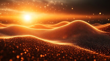 Poster - Golden Particle Waves, An Abstract Landscape of Light and Data