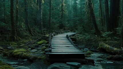 Poster - Wooden bridge spans a stream in a lush green forest