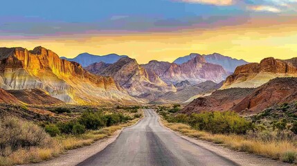 Sticker - Scenic desert highway disappearing into the horizon toward distant mountains