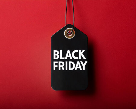 White on a black tag Black Friday typography set against a dark crimson backdrop