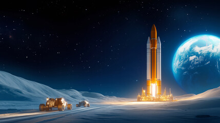 Wall Mural - two large vehicles move on the lunar landscape as a powerful roc