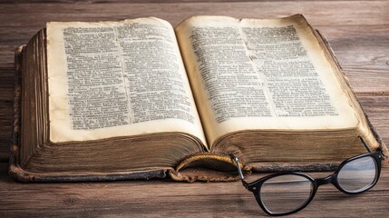 Poster - An opened ancient book rests near reading eyeglasses on wood