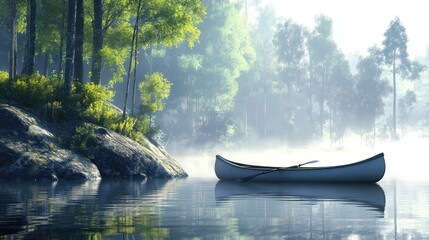 Poster - A lone canoe rests peacefully on a misty lake surface