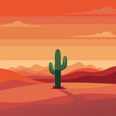 Wall Mural - Lonely Cactus in Vast Desert Symbol of Isolation and Resilience Vector Illustration