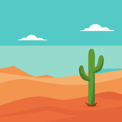 Wall Mural - Lonely Cactus in Vast Desert Symbol of Isolation and Resilience Vector Illustration