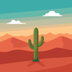 Wall Mural - Lonely Cactus in Vast Desert Symbol of Isolation and Resilience Vector Illustration