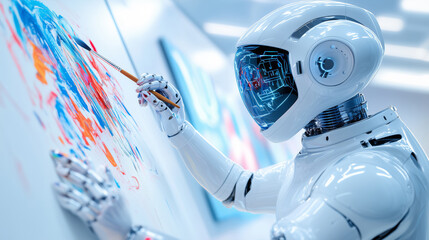 Poster - A humanoid robot is engaged in painting abstract art on a large