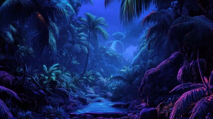 Wall Mural - Mystical blue jungle landscape featuring a flowing river and palms