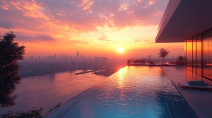 Wall Mural - Sunset city view infinity pool luxury home