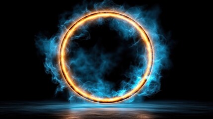 Poster - vibrant circular portal surrounded by dynamic blue flames and an orange glow creates an enchanting effect in a dark setting, evoking a sense of mystery and energy