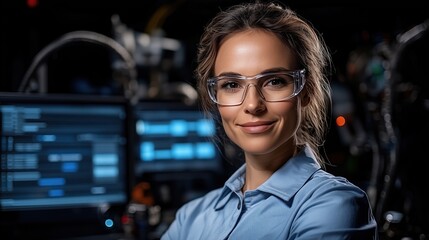 Poster - woman with glasses confidently smiles while standing in a technology lab. She is surrounded by computer monitors displaying data, creating a high-tech atmosphere in the evening