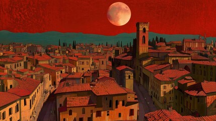 Poster - Red Moon Over Italian Cityscape Terracotta Roofs