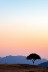 Poster - A tree stands alone in a field with a beautiful sunset in the background. The sky is a mix of pink and blue, creating a serene and peaceful atmosphere