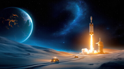 Wall Mural - a rocket ascends from a lunar base with bright flames as it takes off into space. two vehicles trave