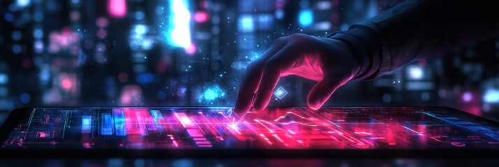 Poster - Businessman Interacting With Tablet, Growing Bar Graph, Upward Arrow, Futuristic UI, City Backdrop