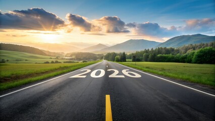 Fototapete - Asphalt Road to Success: Achieving Business Goals, Strategic Growth, New Year Resolution, Forward Planning, Sunset Drive, Target Achievement, Vision, Ambition, 