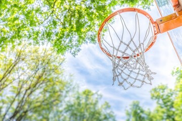 a close-up of an outdoor basketball hoop with a wet net, set against a clear blue sky with blurred t