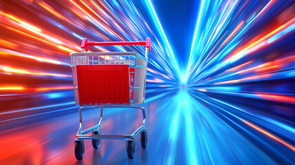 Leinwandbilder - A shopping cart stands still as colorful lights swirl around it, creating a dynamic energy in a futuristic digital environment. The bright hues of blue and red enhance the visual impact