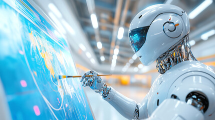 Poster - A robot artist meticulously paints a vibrant digital map on a high-tech screen in a modern studio filled with bright lights and advanced technology