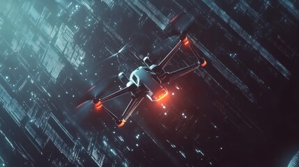 Poster - Futuristic Drone Technology Navigating a Cyberpunk Cityscape with Precision