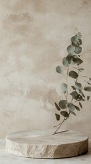 Poster - A stunning podium crafted from natural stone presents a single eucalyptus branch. Set against a soft, textured background, it embodies modern elegance for exhibitions and product showcases
