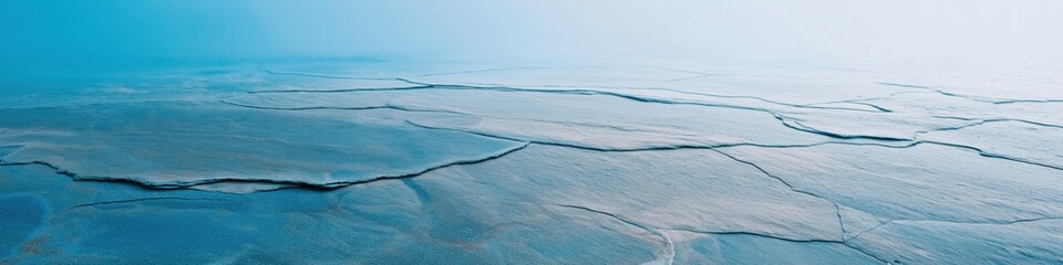 Wall Mural - A large body of water with a blue sky above it. The water appears to be frozen, with a rocky surface and a few small waves