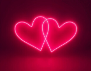 Wall Mural - 3d render, abstract neon background with two glowing hearts linked together with one line. Modern minimal line art. Valentine's Day romantic symbols