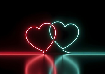 Wall Mural - 3d render, abstract neon background with two glowing hearts linked together with one line. Modern minimal line art. Valentine's Day romantic symbols