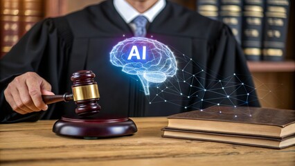Poster - AI Law & Ethics: Navigating the Legal Landscape of Artificial Intelligence. A gavel symbolizes justice and the challenges of regulating AI technology,          