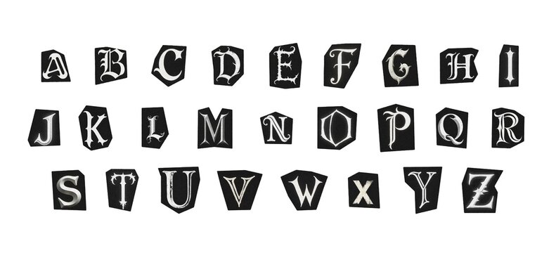 set of cut-out english png alphabet from magazines on a white background, black and white gothic ransom style