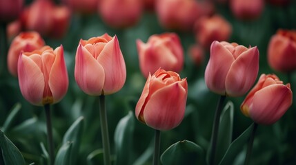 Poster - Close Up View of Orange Tulips in Full Bloom with Blurred Green Background