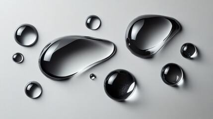 Aufkleber - Water droplets rest delicately on a sleek surface, showcasing their unique shapes and shimmering reflections. This captivating arrangement highlights the beauty of nature’s simplicity