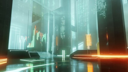 Poster - Futuristic Financial District with Stock Market Data Visualization