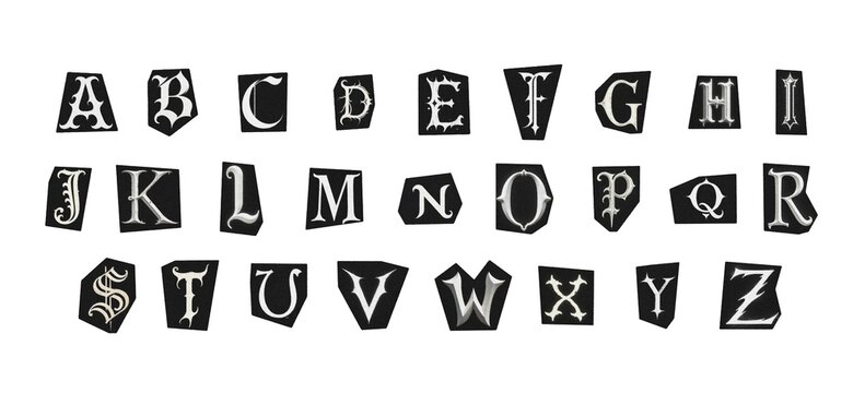 set of cut-out english png alphabet from magazines on a white background, black and white gothic ransom style