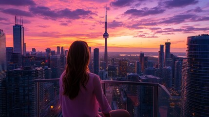 Poster - Against a backdrop of stunning hues, a woman stands on a balcony overlooking a sprawling metropolis as the sun sets, casting vibrant colors across the skyline