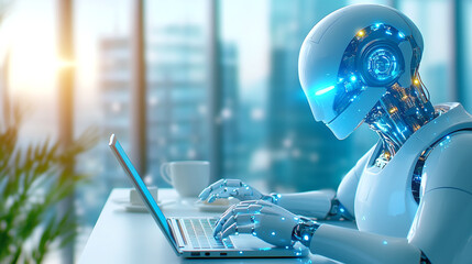 Poster - Futuristic robot working intently on a laptop in a modern office setting during sunrise