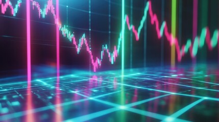 Poster - Abstract financial graph chart with grid line pattern and neon light