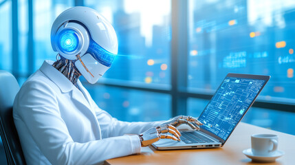 Poster - Robotic engineer working on advanced technology in a modern office setting with a city view