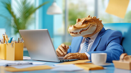 Unusual business meeting with a creature in a suit working on a laptop in a colorful office setting