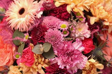 Sticker - Florist shop bouquets background. Flowers compositions. Colorful flowers selling business. Flower market background. Bunch of flowers. Pink floral texture.