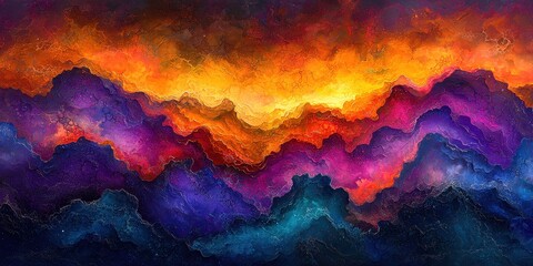 Wall Mural - A vibrant abstract landscape featuring swirling colors of purple, orange, and blue, evoking a dramatic sunset over rolling hills.