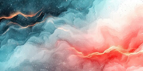 Wall Mural - A vibrant abstract design featuring swirling clouds of blue, pink, and red with hints of gold, evoking a cosmic or ethereal atmosphere.