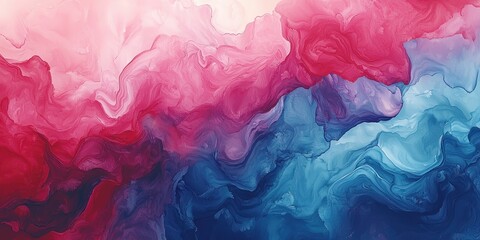 Wall Mural - A vibrant abstract painting featuring swirling shades of pink, red, and blue, creating a fluid and dynamic visual effect.