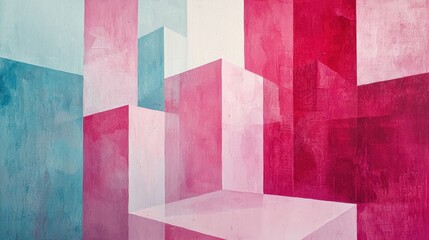 Wall Mural - An abstract composition showcasing geometric shapes in vibrant pink and blue hues, creating a modern artistic atmosphere.