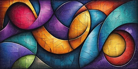 Wall Mural - A vibrant abstract artwork featuring intertwined shapes in bold colors of blue, purple, orange, and green, creating a dynamic visual flow.