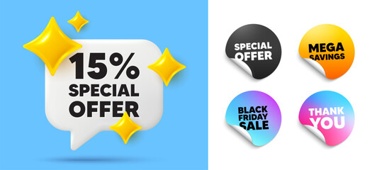 Poster - discount speech bubble, sticker tags. offer, black friday stickers. 15 percent discount offer tag. s