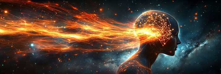 Poster - Cosmic Consciousness. Digital Human Head With Glowing Network, Abstract Space Background