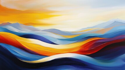 Wall Mural - A vibrant landscape painting featuring rolling hills in shades of blue, orange, and yellow, evoking a sense of movement and serenity.