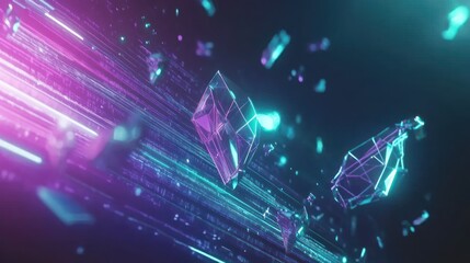 Poster - Futuristic Data Stream with Floating Crystals and Neon Glowing Lines