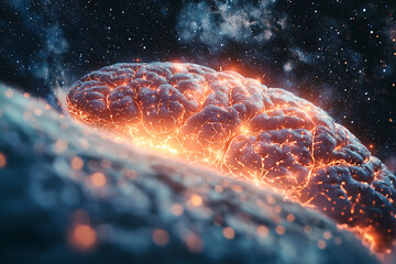 Poster - a mesmerizing closeup of a glowing brain against a cosmic backdrop. intricate neural pathways blaze 